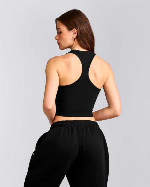 Cotton Fitted Mid Tank Top with Gray Logo | Black