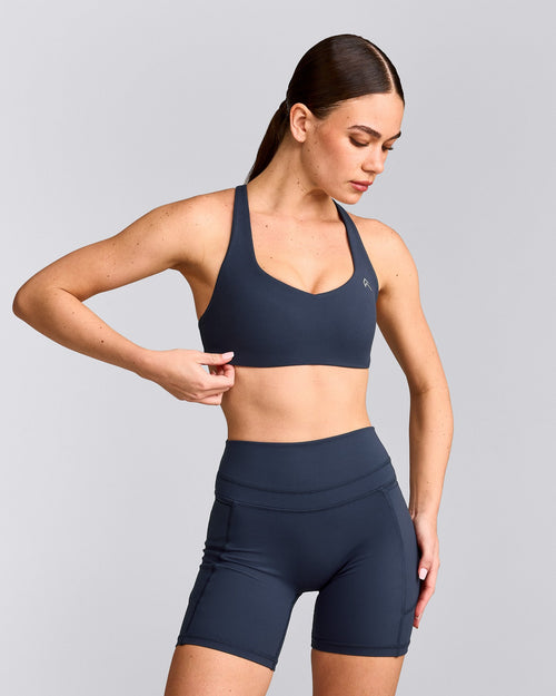 EasyLift™ Cross Back Sports Bra with Gray Logo | True Blue