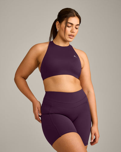 EasyLift™ High Neck Sports Bra with Grey Logo | Blackberry Purple
