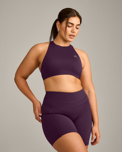 EasyLift™ High Neck Sports Bra with Grey Logo | Blackberry Purple