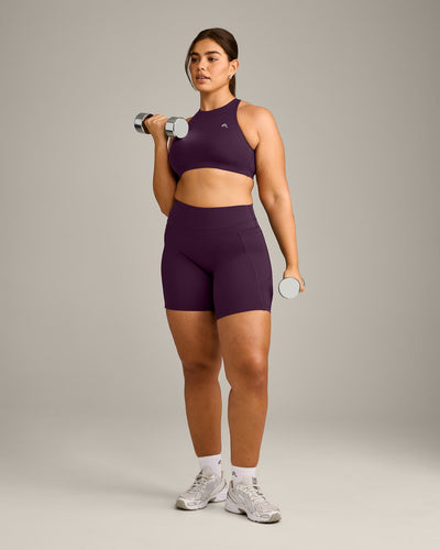 EasyLift™ High Neck Sports Bra with Grey Logo | Blackberry Purple