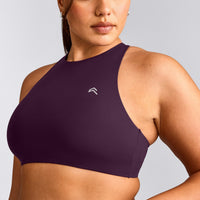 EasyLift™ High Neck Sports Bra with Grey Logo | Blackberry Purple