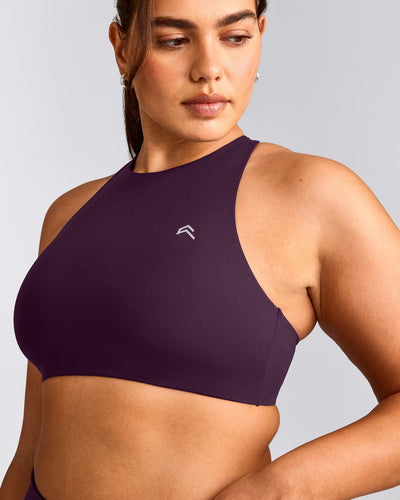EasyLift™ High Neck Sports Bra with Grey Logo | Blackberry Purple