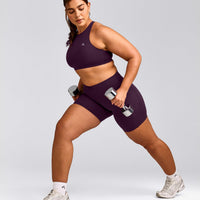 EasyLift™ High Neck Sports Bra with Grey Logo | Blackberry Purple