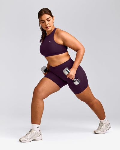 EasyLift™ High Neck Sports Bra with Grey Logo | Blackberry Purple