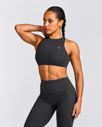 EasyLift™ High Neck Sports Bra with Gray Logo | Coal