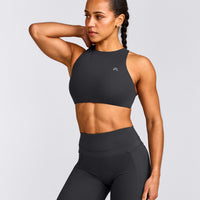 EasyLift™ High Neck Sports Bra with Gray Logo | Coal