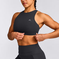 EasyLift™ High Neck Sports Bra with Gray Logo | Coal