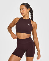 EasyLift™ High Neck Sports Bra with White Logo | Plum Brown