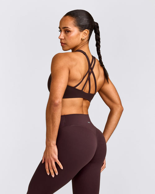 EasyLift™ High Neck Sports Bra with Gray Logo | Plum Brown