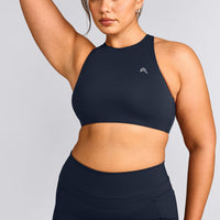 EasyLift™ High Neck Sports Bra with Gray Logo | True Blue
