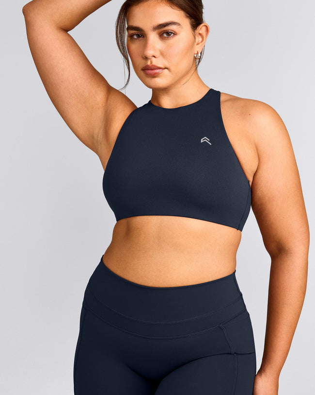 EasyLift™ High Neck Sports Bra with Gray Logo | True Blue