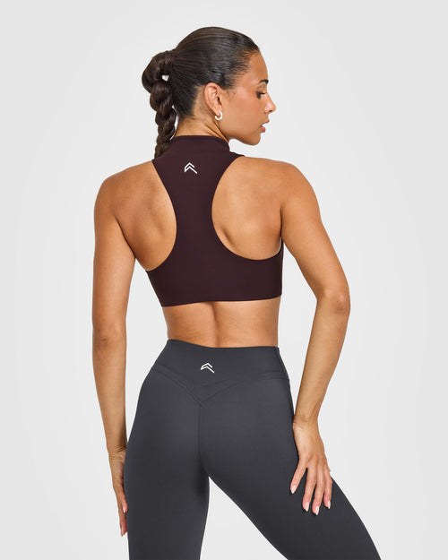 EasyLift™ Zip High Neck Sports Bra with White Logo | Plum Brown