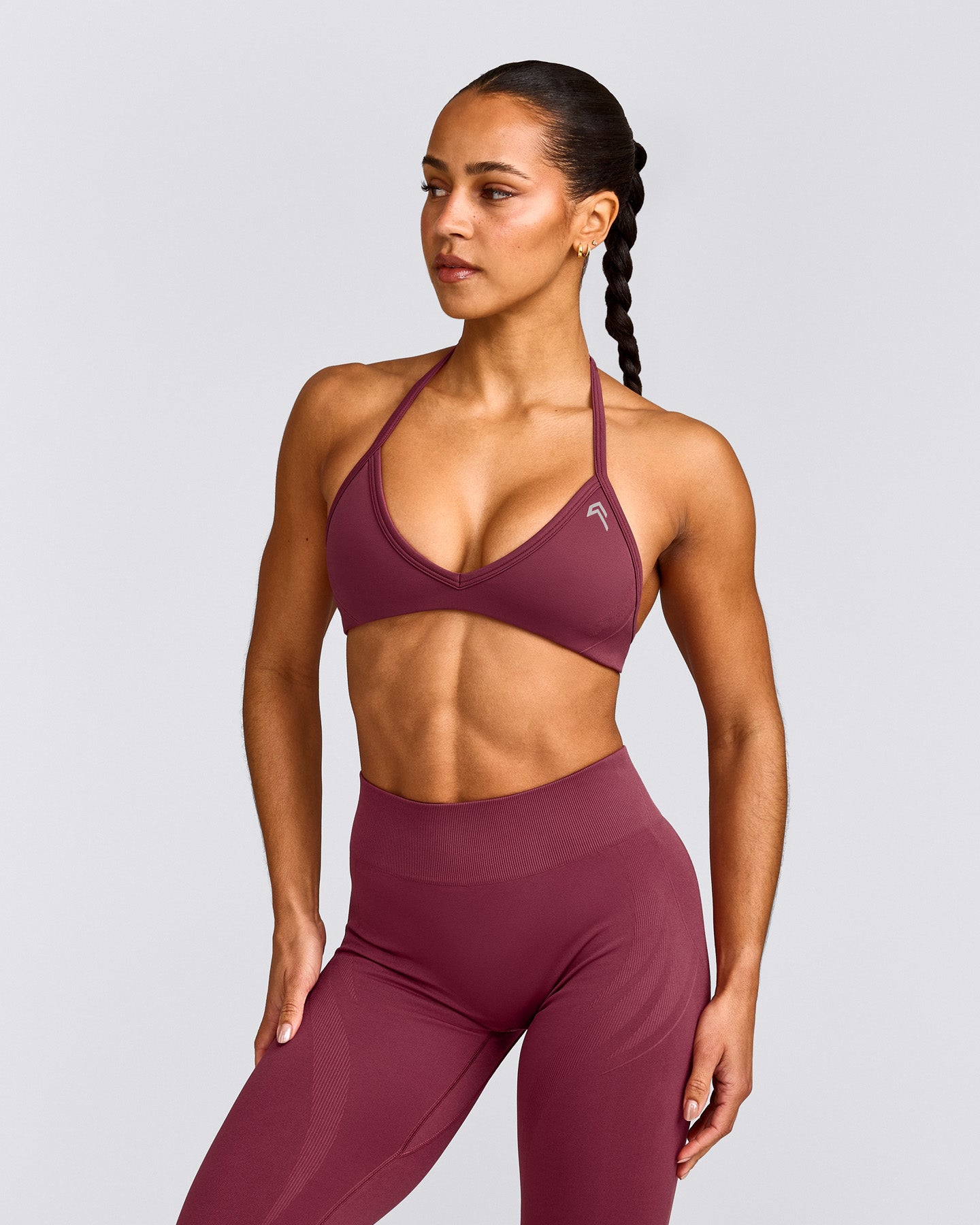 EnhanceLift™ Seamless Minimal Halter Neck Bralette with Grey Logo | Burnt Maroon
