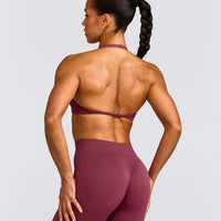 EnhanceLift™ Seamless Minimal Halter Neck Bralette with Grey Logo | Burnt Maroon