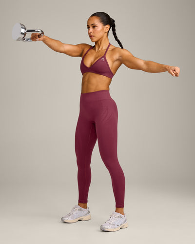 EnhanceLift™ Seamless Minimal Halter Neck Bralette with Grey Logo | Burnt Maroon