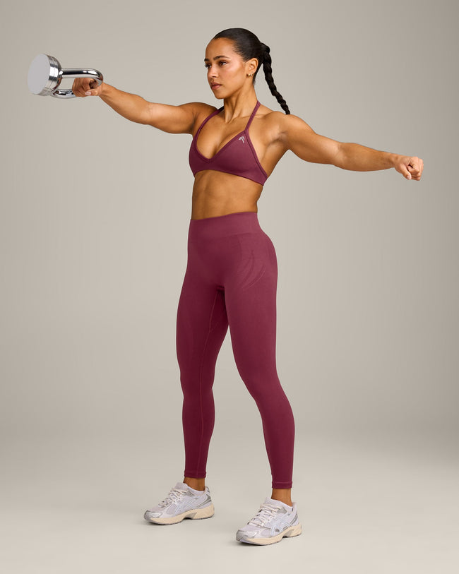 EnhanceLift™ Seamless Minimal Halter Neck Bralette with Grey Logo | Burnt Maroon