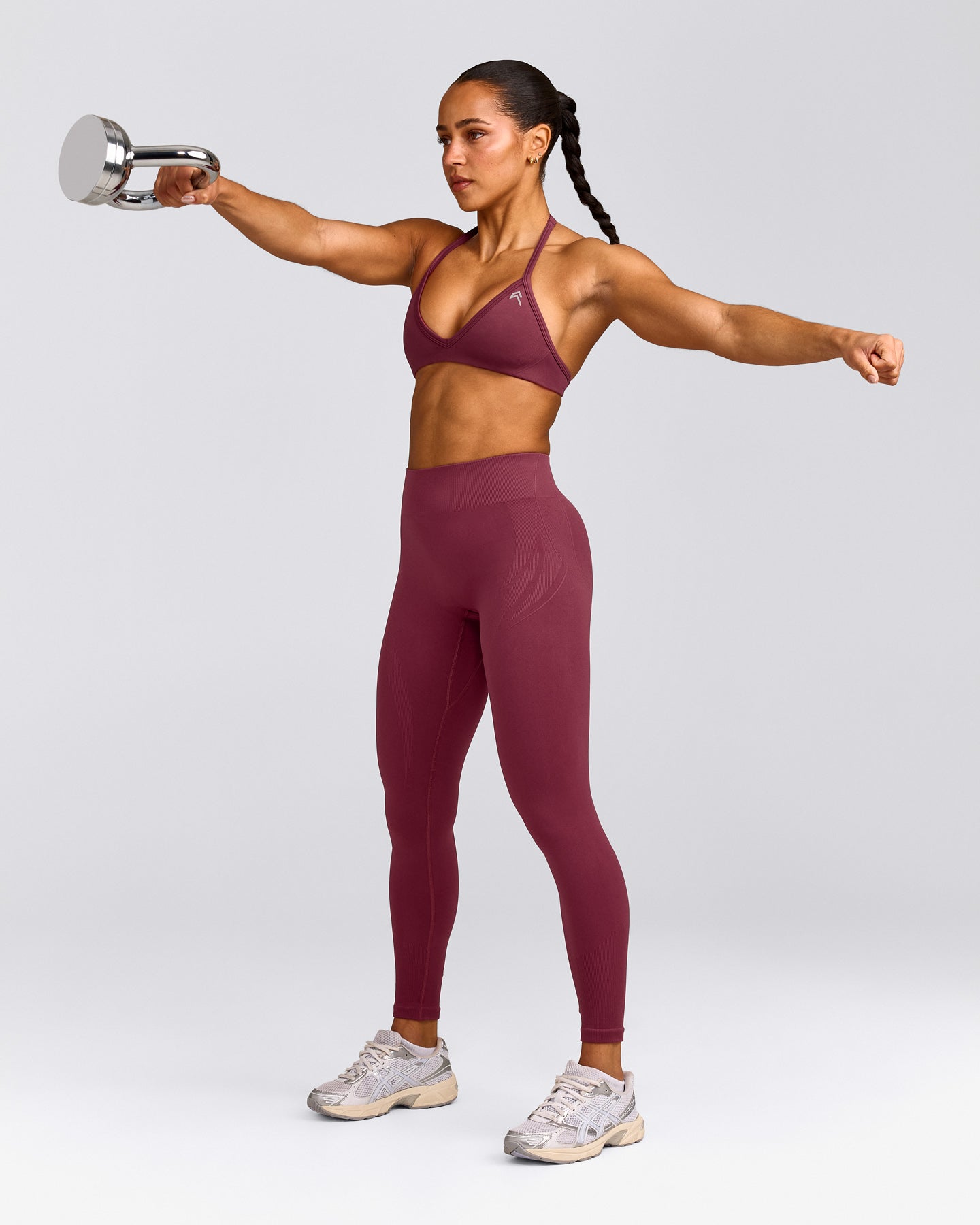 EnhanceLift™ Seamless Minimal Halter Neck Bralette with Grey Logo | Burnt Maroon