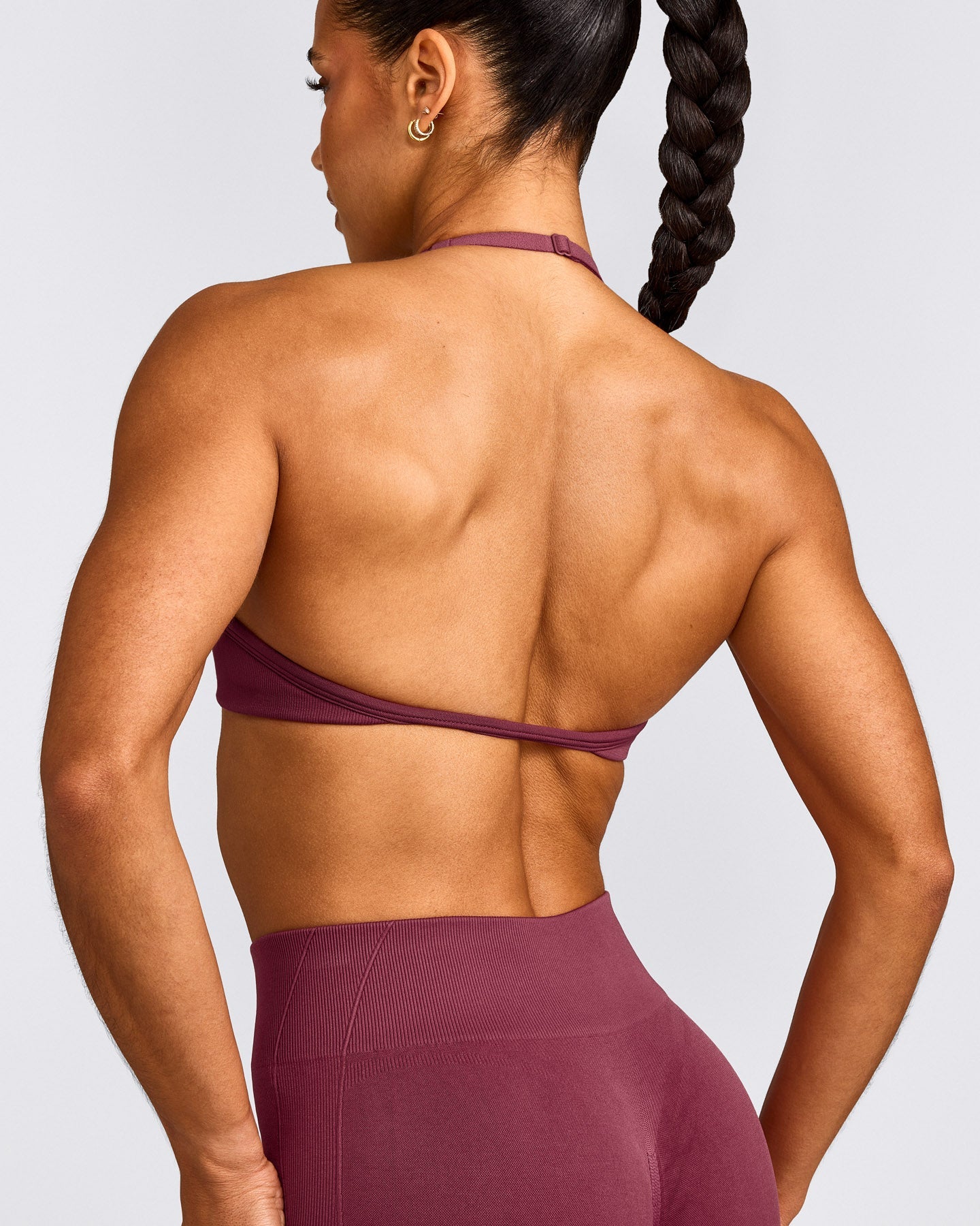 EnhanceLift™ Seamless Minimal Halter Neck Bralette with Grey Logo | Burnt Maroon