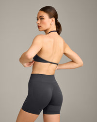 EnhanceLift™ Seamless Minimal Halter Neck Bralette with Grey Logo | Coal