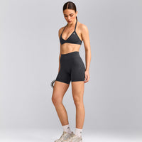 EnhanceLift™ Seamless Minimal Halter Neck Bralette with Gray Logo | Coal