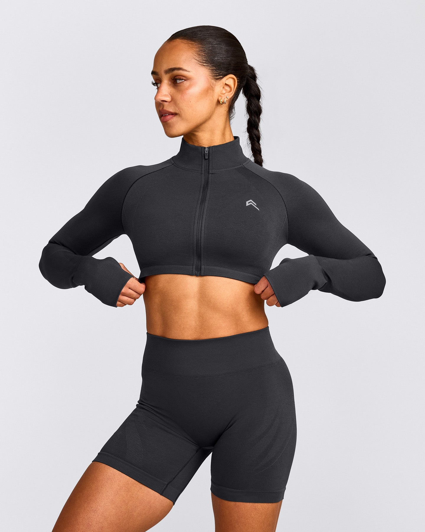 EnhanceLift™ Seamless Crop Jacket with Grey Logo | Coal