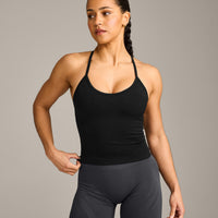 EnhanceLift™ Seamless Strappy Racer Vest with Built in Bra Shelf with Grey Logo | Black