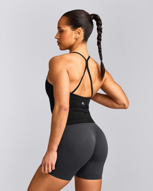 EnhanceLift™ Seamless Strappy Racer Tank Top with Built in Bra Shelf with Gray Logo | Black
