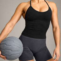 EnhanceLift™ Seamless Strappy Racer Vest with Built in Bra Shelf with Grey Logo | Black