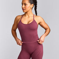 EnhanceLift™ Seamless Strappy Racer Tank Top with Built in Bra Shelf with Gray Logo | Burnt Maroon Red