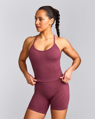 EnhanceLift™ Seamless Strappy Racer Tank Top with Built in Bra Shelf with Gray Logo | Burnt Maroon Red