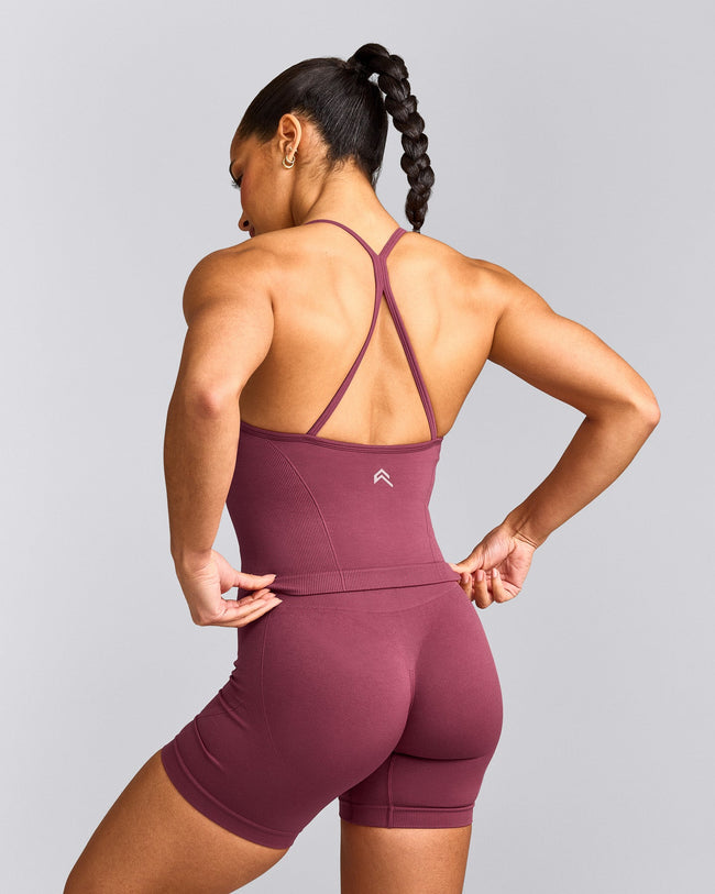 EnhanceLift™ Seamless Strappy Racer Tank Top with Built in Bra Shelf with Gray Logo | Burnt Maroon Red