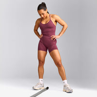 EnhanceLift™ Seamless Strappy Racer Tank Top with Built in Bra Shelf with Gray Logo | Burnt Maroon Red