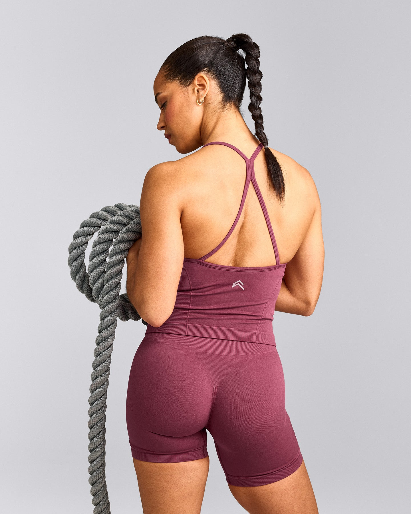 EnhanceLift™ Seamless Strappy Racer Tank Top with Built in Bra Shelf with Gray Logo | Burnt Maroon Red
