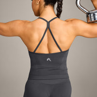 EnhanceLift™ Seamless Strappy Racer Vest with Built in Bra Shelf with Grey Logo | Coal