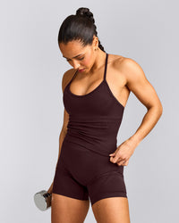 EnhanceLift™ Seamless Strappy Racer Vest with Built in Bra Shelf with Grey Logo | Plum Brown