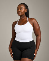 EnhanceLift™ Seamless Strappy Racer Vest with Built in Bra Shelf with Grey Logo | White