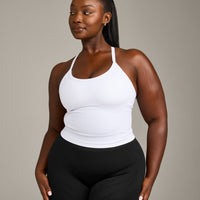 EnhanceLift™ Seamless Strappy Racer Vest with Built in Bra Shelf with Grey Logo | White