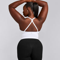 EnhanceLift™ Seamless Strappy Racer Tank Top with Built in Bra Shelf with Gray Logo | White