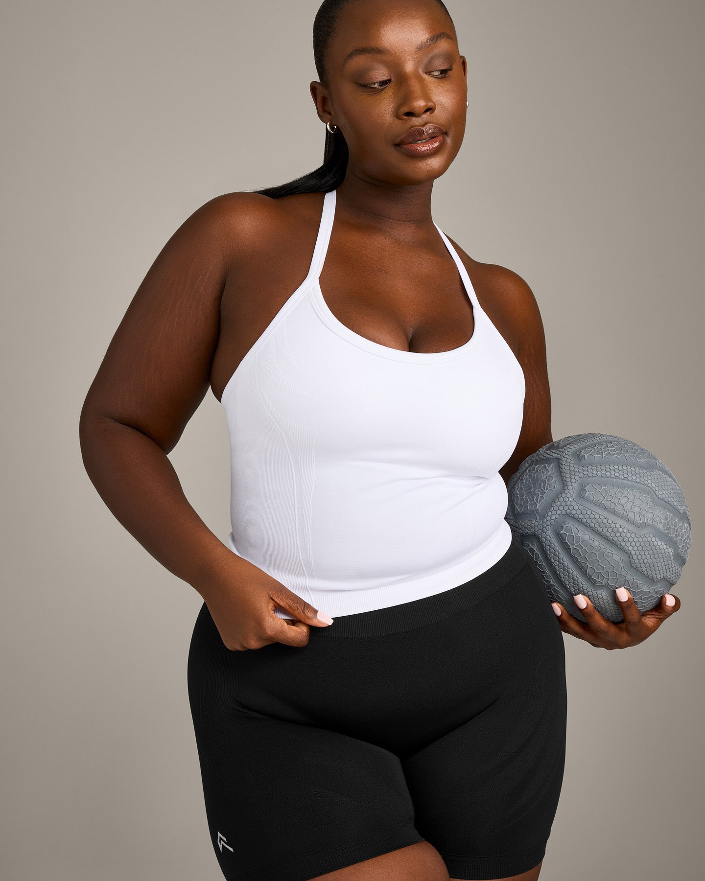 EnhanceLift™ Seamless Strappy Racer Vest with Built in Bra Shelf with Grey Logo | White