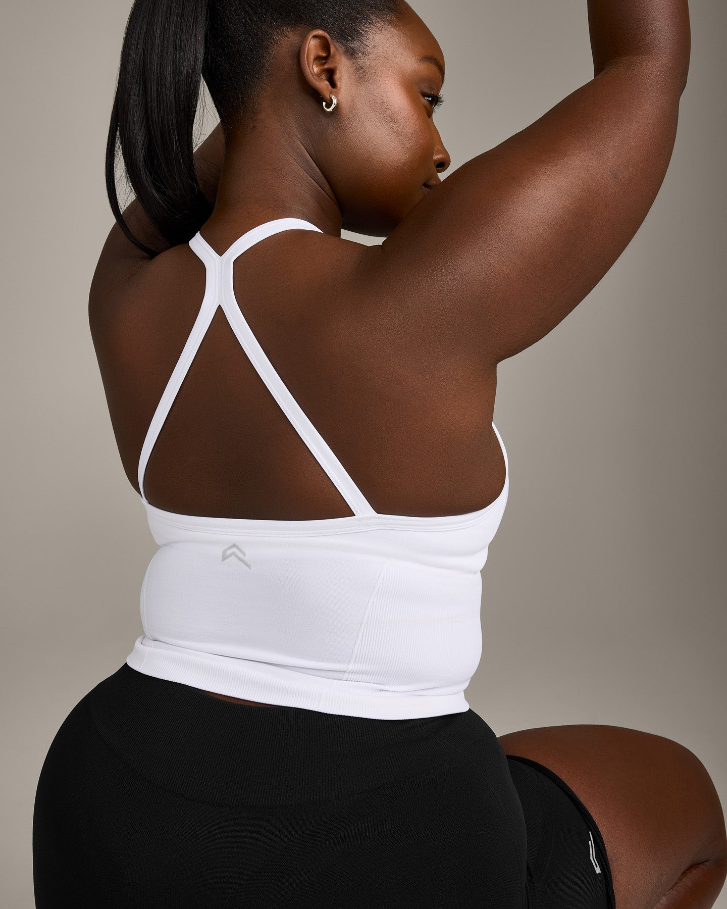 EnhanceLift™ Seamless Strappy Racer Vest with Built in Bra Shelf with Grey Logo | White