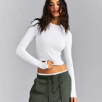 Fitted Cotton Long Sleeve Crew Neck Top | White