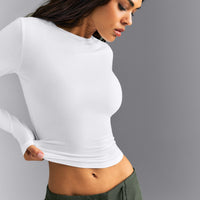 Fitted Cotton Long Sleeve Crew Neck Top | White