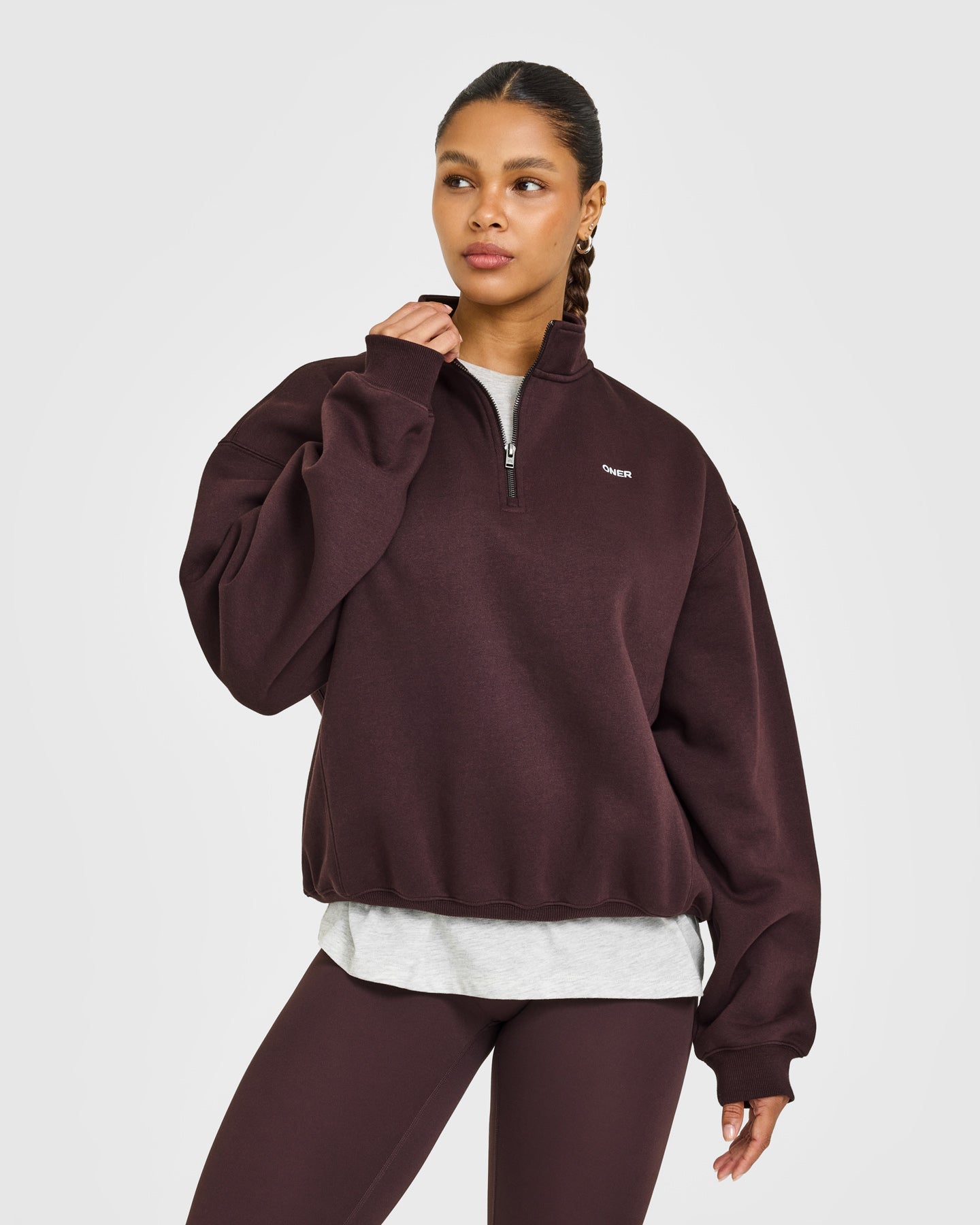 Foundations 1/4 Zip Sweatshirt with Grey Logo | Plum Brown