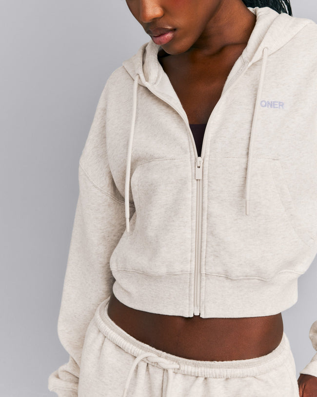 Foundations All Season Cropped Zip Up Hoodie | Oat Marl