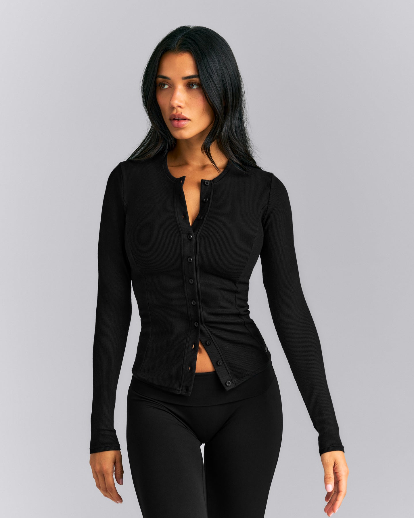 Mellow™ Rib Long Sleeve Cardigan with Embroidered Logo | Black