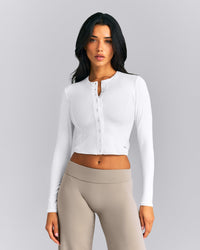 Mellow™ Rib Mid Long Sleeve Cardigan with Embroidered Logo | White