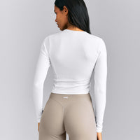 Mellow™ Rib Mid Long Sleeve Cardigan with Embroidered Logo | White