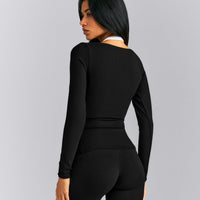 Mellow™ Rib V Neck Long Sleeve Top | Black