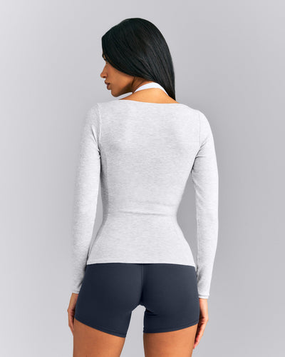 Mellow™ Rib V Neck Long Sleeve Top | Light Grey Marl